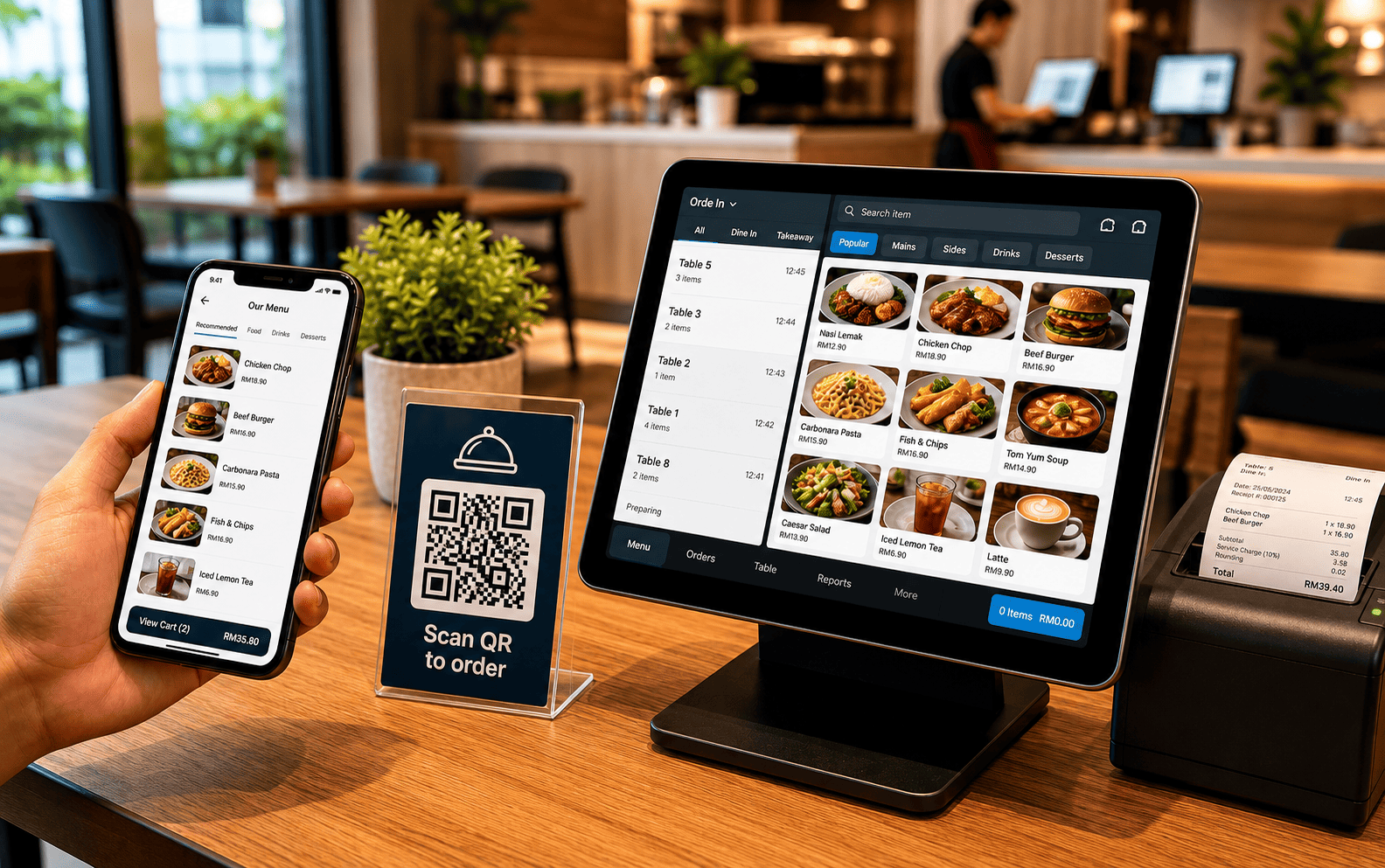 F&B QR ordering with customer phone and restaurant tablet POS